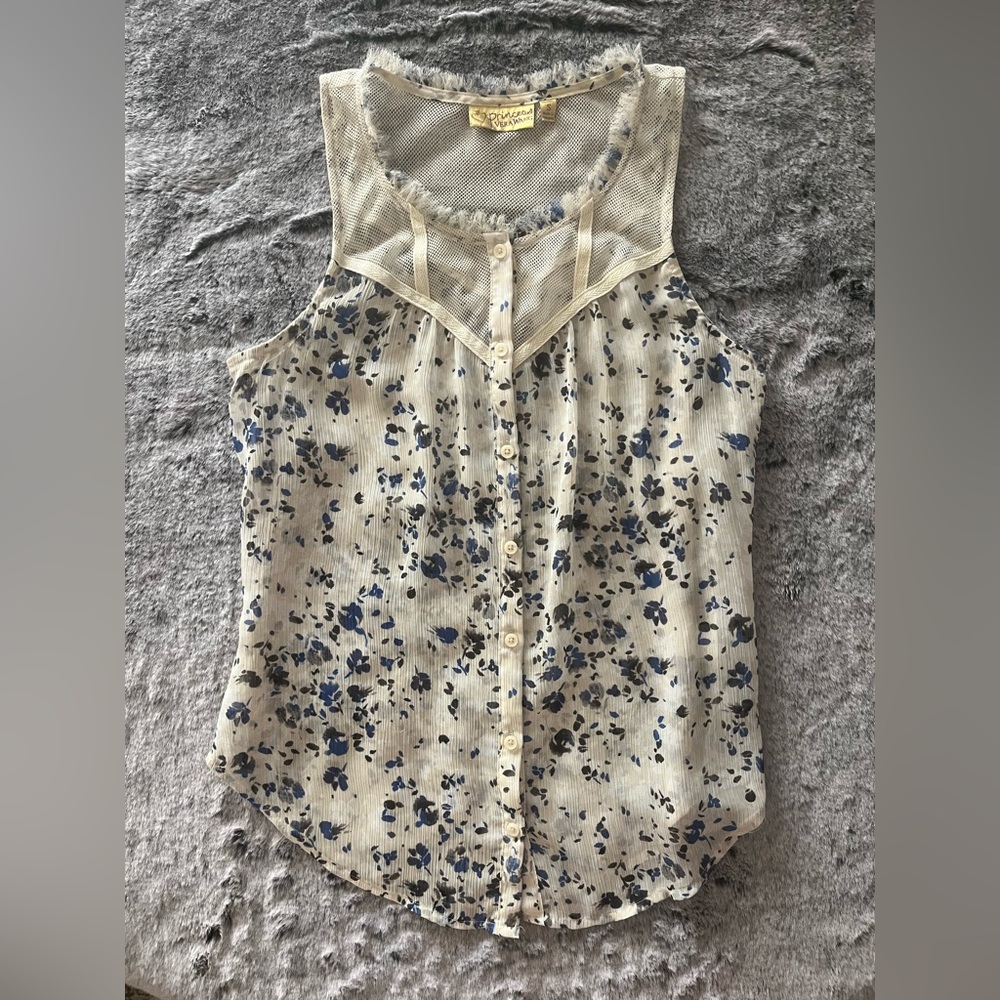 Princess Vera Wang Sheer Button-Front Sleeveless Top Small Cream & Blue Floral - Picture 9 of 13